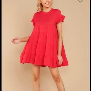 Aura Red Tiered Babydoll Mini Dress Ruffle Cap Sleeve High Neck Size Medium